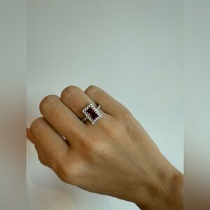 925 SILVER Ring with Red/hot pink Rectangular Center Stone & Halo-size 6 US